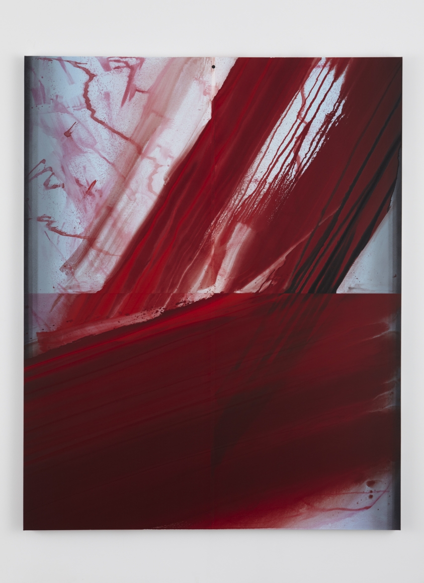 a vertical red gestural brushstroke painting using dye and water dispersed pigment on linen by barnaby furnas