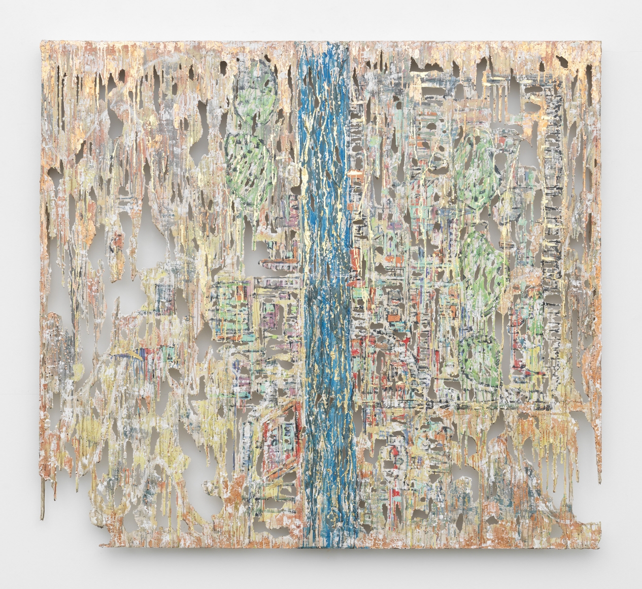 Split Stream, 2017, Polymer gypsum, fiberglass, steel, plaster, gold leaf, copper leaf, painter's tape, pigment