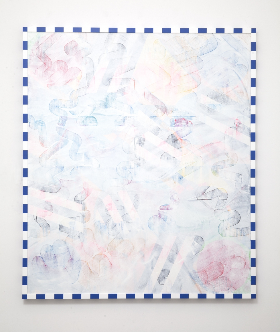 a formalist painting by Julia Dault in a Chelsea contemporary art gallery