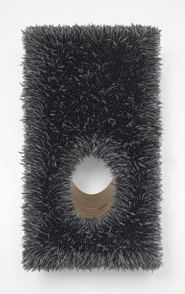 Donald Moffett, Lot 040117 (45° hole, pewter), 2017, Oil on linen, wood panel, steel