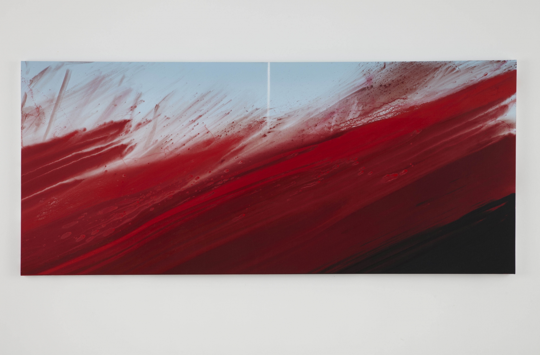 a large horizontal red abstract painting by barnaby furnas in a chelsea art gallery