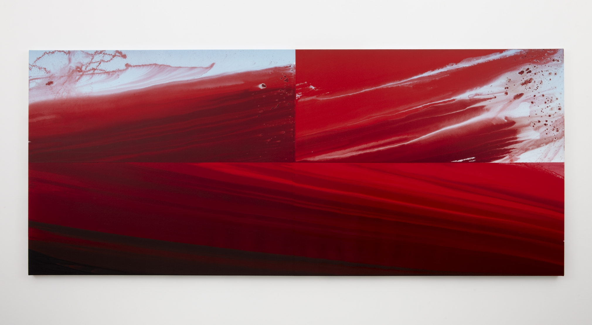 a water dispersed pigment and dye painting on linen of red gestures imitating a landscape by barnaby furnas