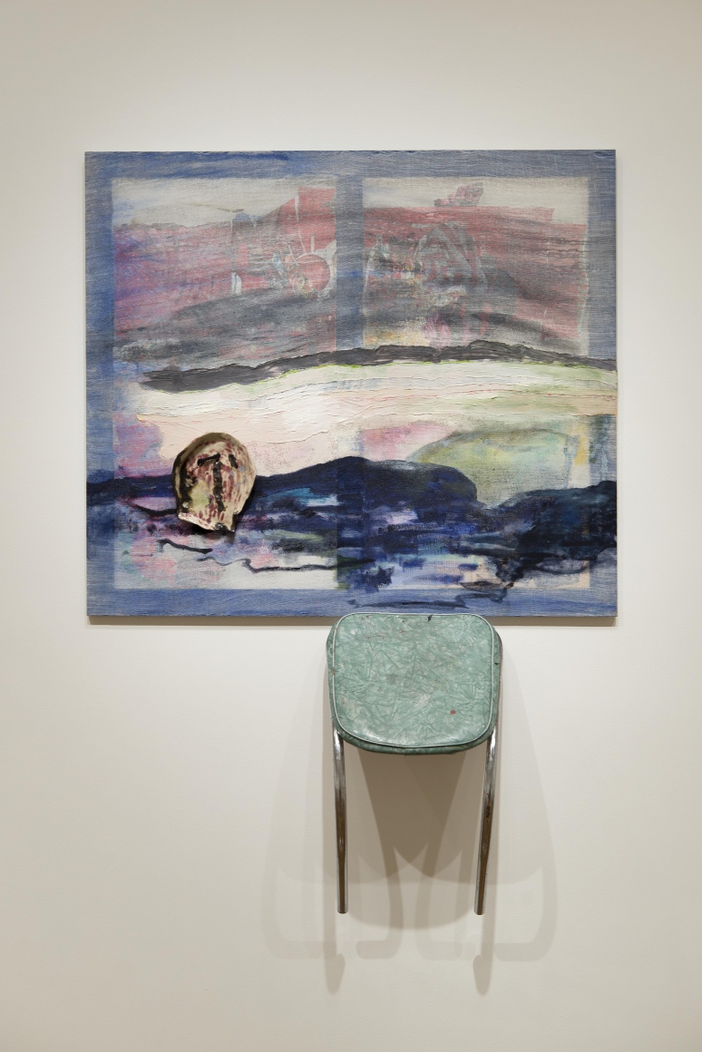 a chair sculpture with a painting by jessica jackson hutchins exhibited in a contemporary art gallery