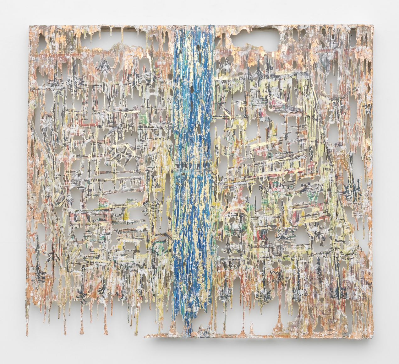 Secular Stream, 2017, Polymer gypsum, fiberglass, steel, plaster, gold leaf, copper leaf, painter's tape, pigment