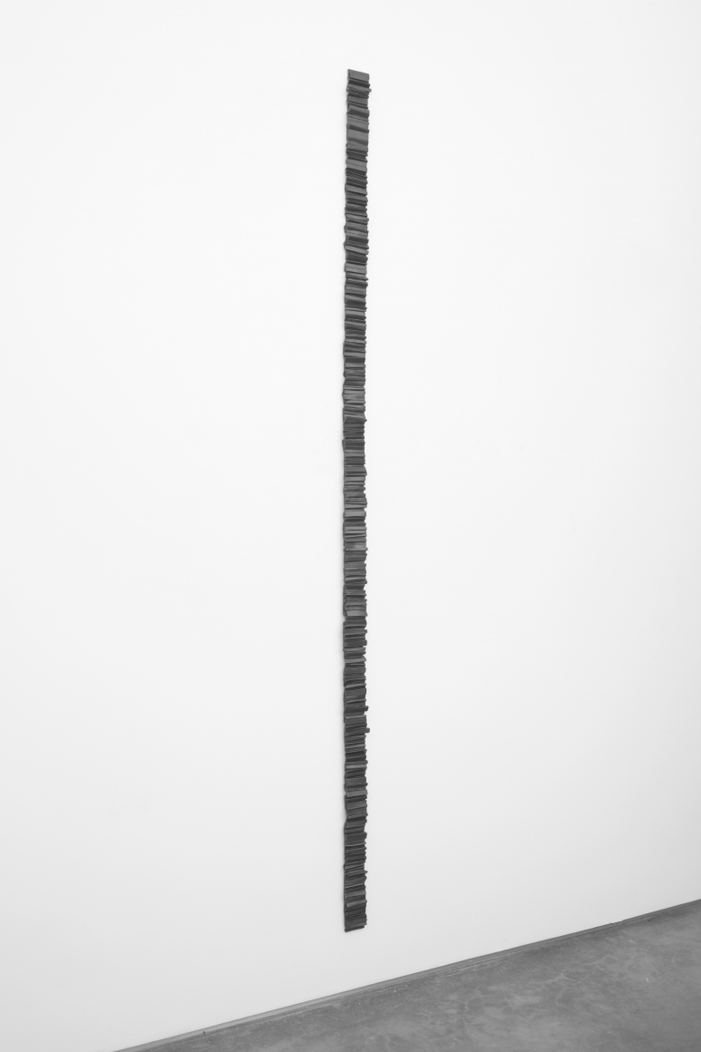 a bronze wall sculpture that is a vertical line up the wall by anthony pearson