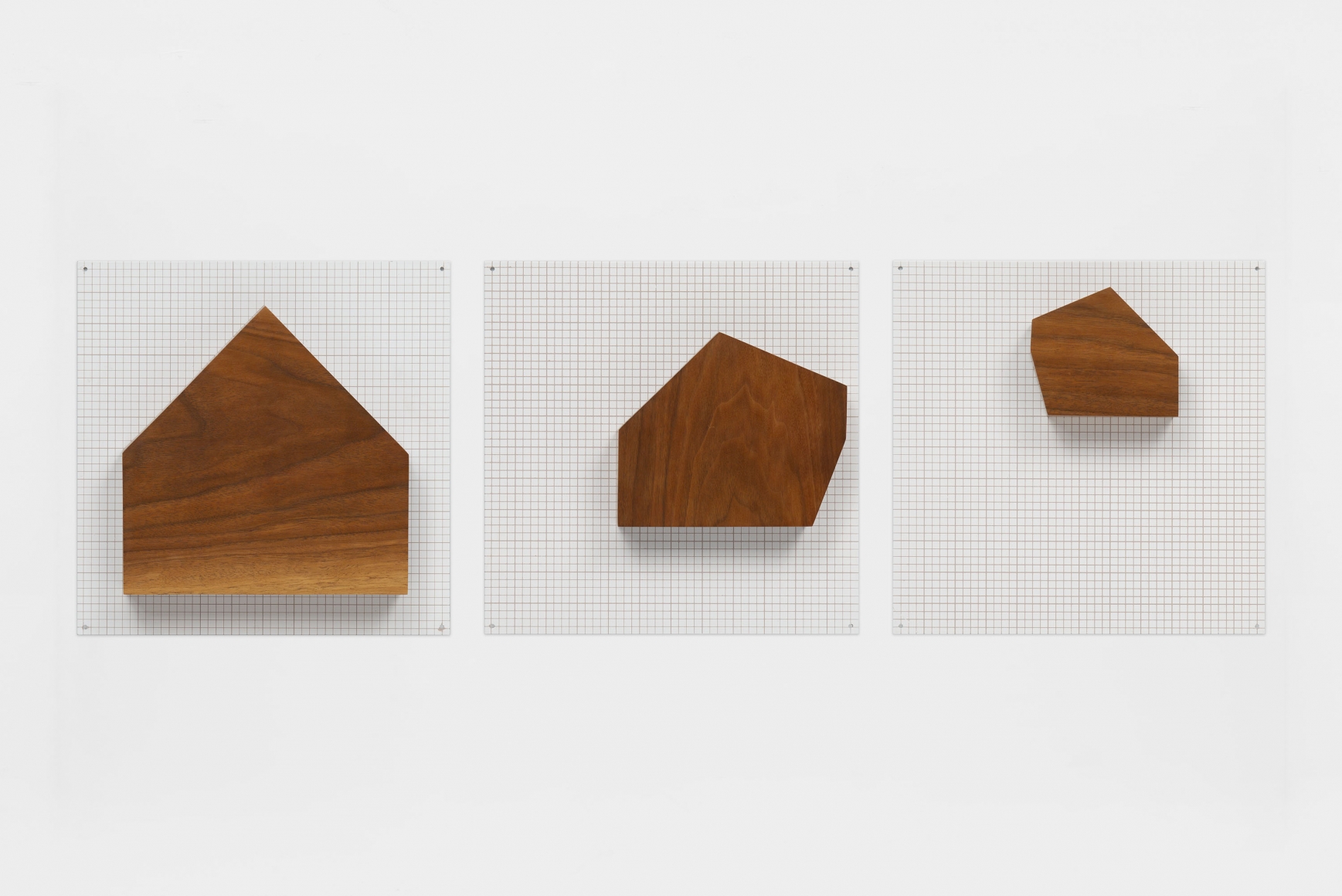 Untitled (Three Wood Houses), 2002, Wood on silkscreen grid over baked enamel, steel plates