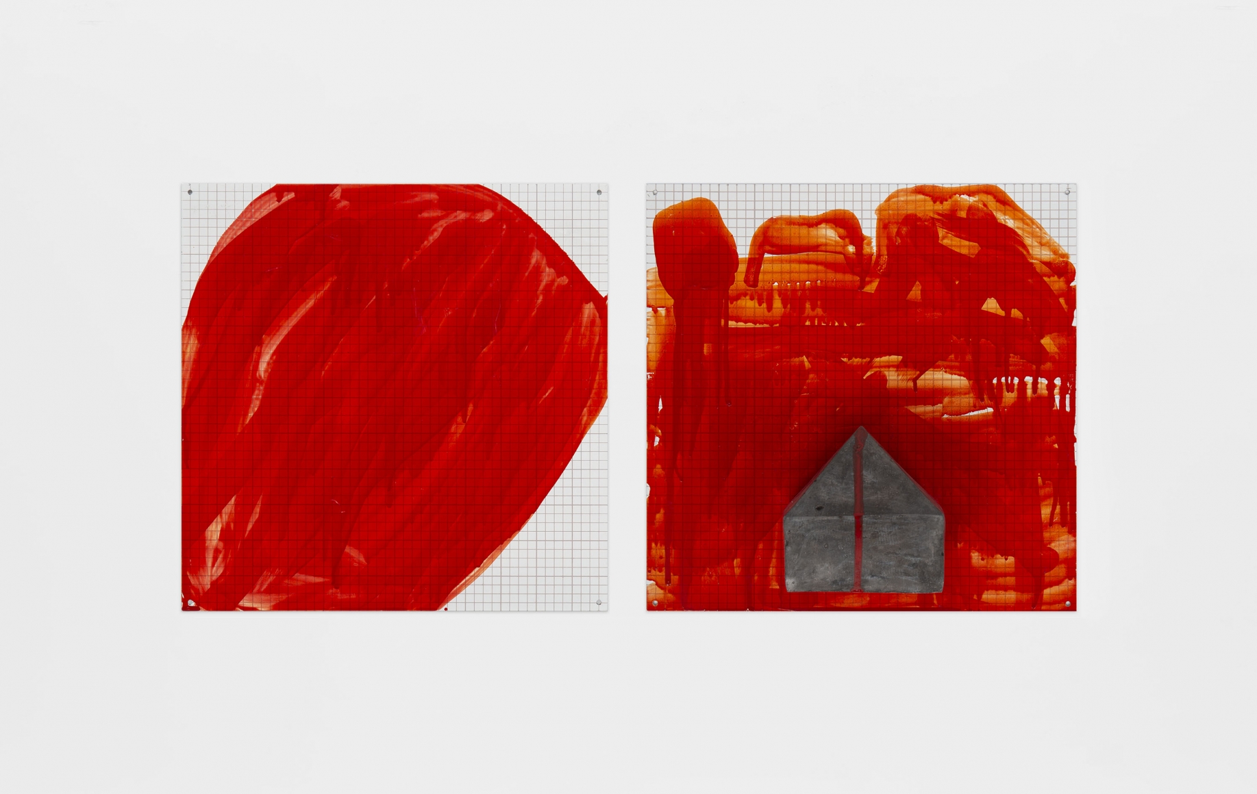 Butte, 1999-2000, Enamel over silkscreen grid on baked enamel, steel plates, tinted cast concrete