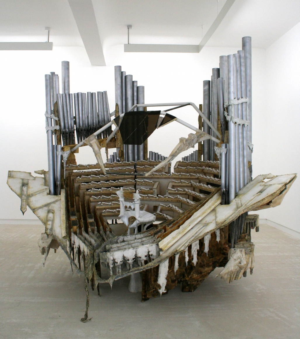 an installation by Diana Al-Hadid of a mixed media contemporary art sculpture