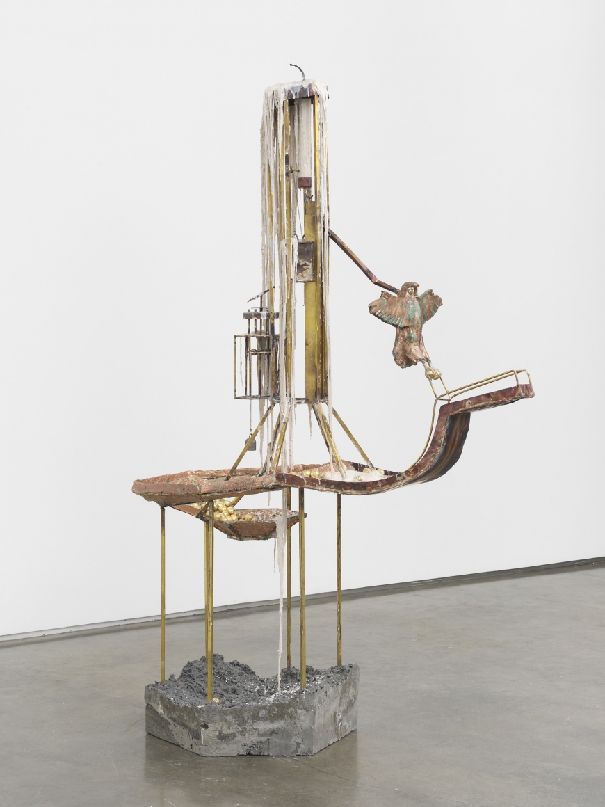 The Candle Clock of the Scribe, 2017, Modified polymer gypsum, fiberglass, brass, copper, steel, concrete, polyurethane foam, bronze, lead, metal leaf, pigment