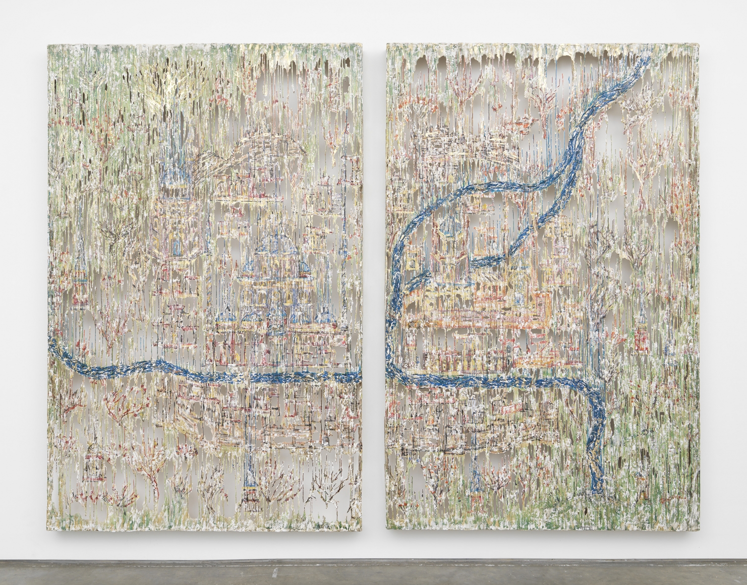 a colorful pair of drip panels made of fiberglass and polymer gypsum by Diana Al-Hadid