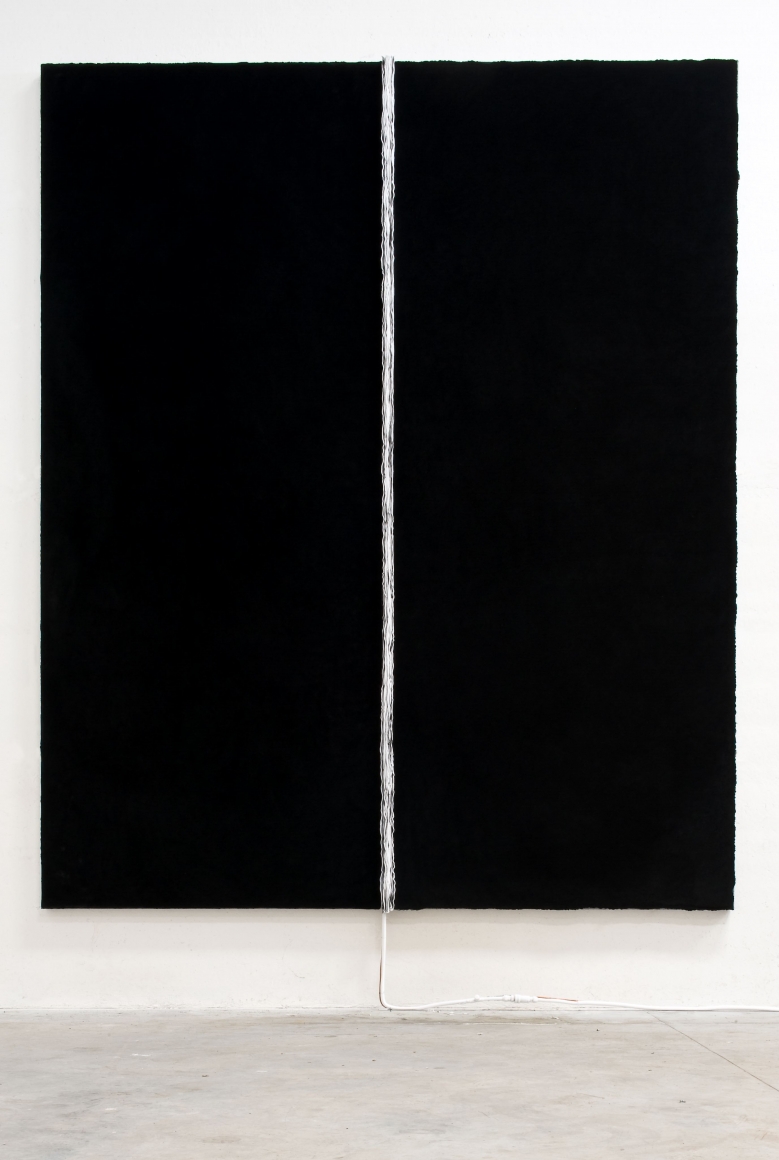 black painting with white stripe by pier paolo calzolari