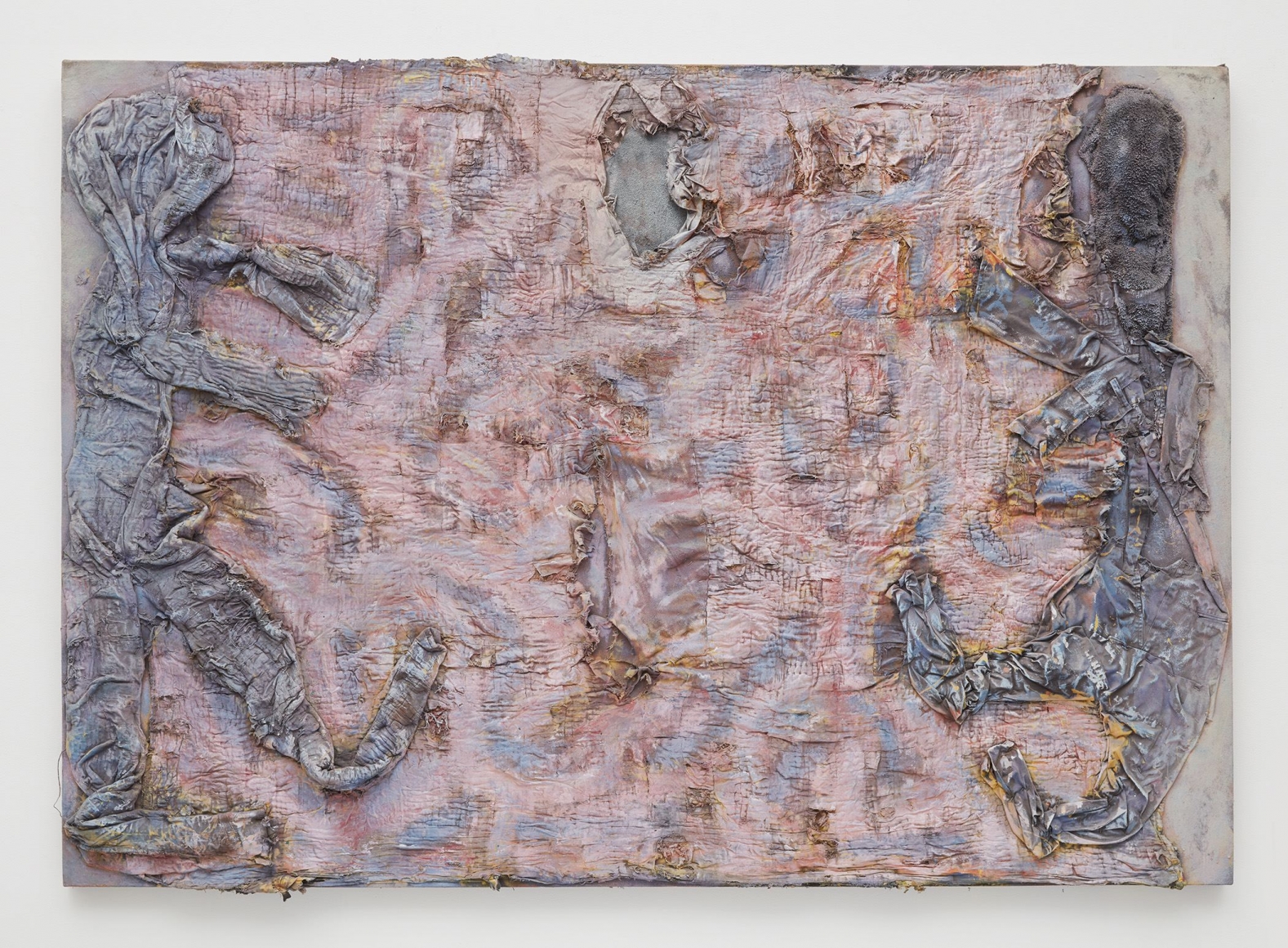 Walking Into Yesterday, 2007, Quilt, clothing, enamel, and spray paint on canvas on wood