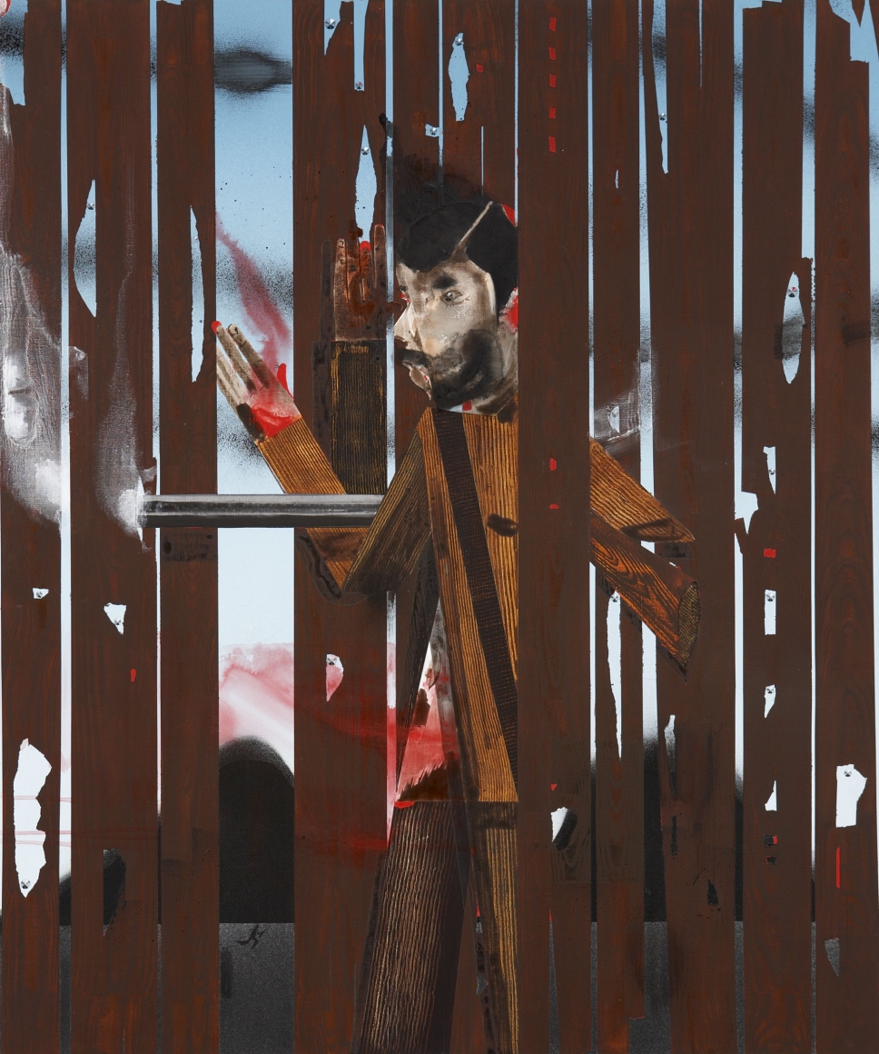 painting of a gunman behind a fence by barnaby furnas