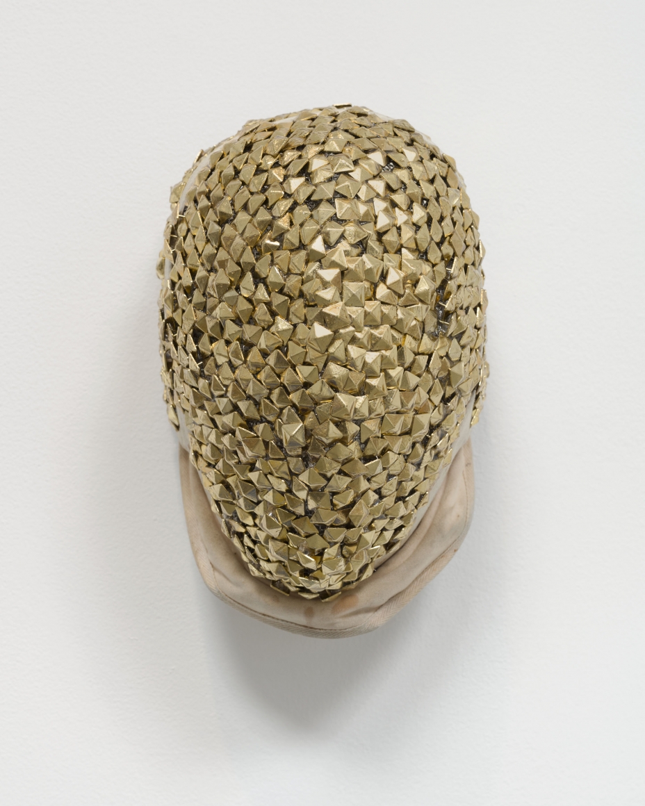 Allison Janae Hamilton, Gold Fencing Mask, 2019, Vintage fencing mask, upholstery tacks, resin