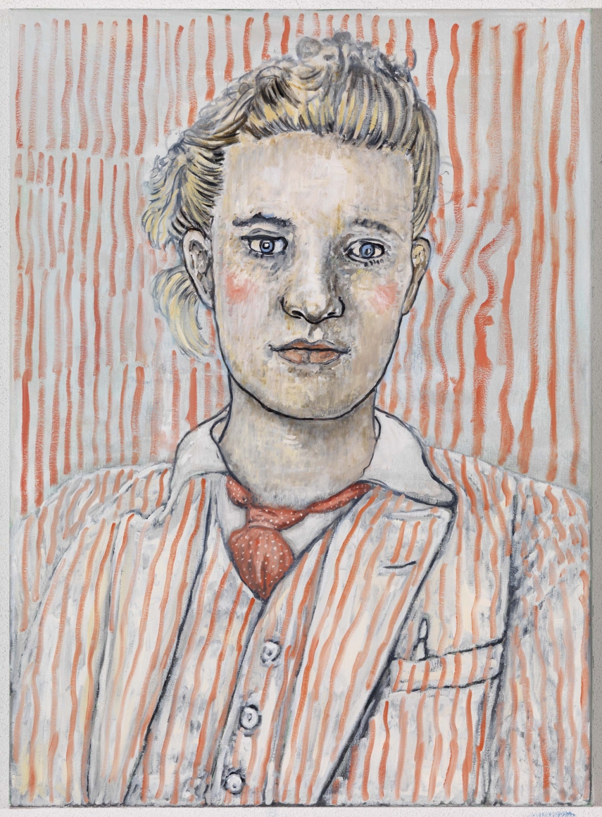 portrait of a woman in a pink striped suit by hannah van bart