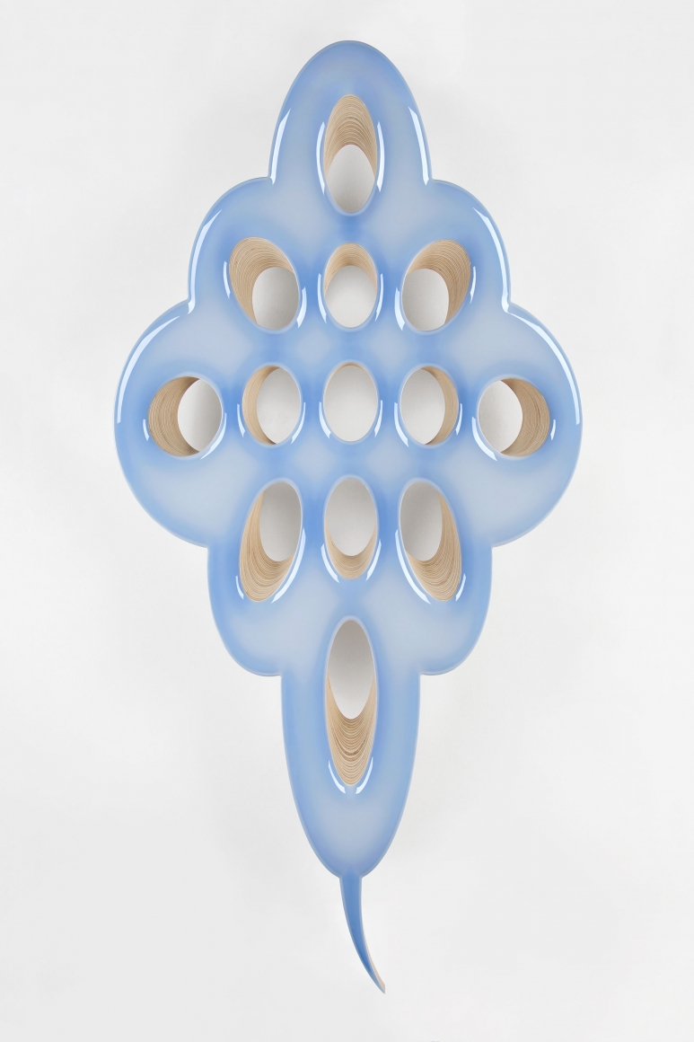 Lot 020619 (nature cult, fertile blue), 2019, Pigmented epoxy resin on wood panel support, steel