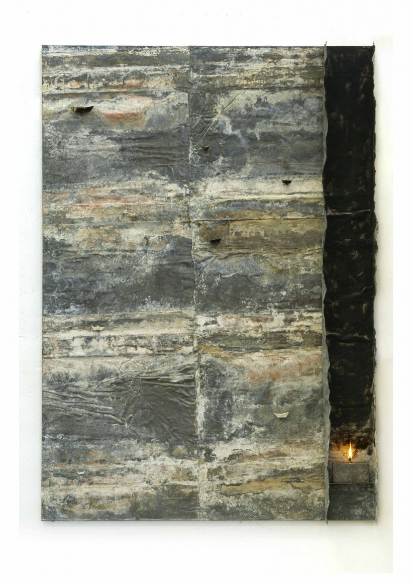 mixed media painting with burning candle by pier paolo calzolari