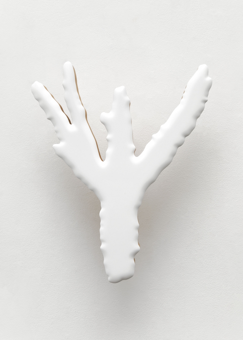 Lot 032119 (fragment A, white), 2019, Urethane paint and UV clear coat on wood panel support, steel