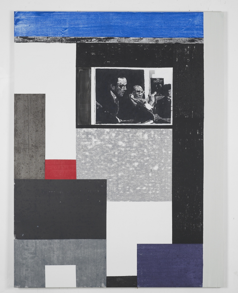red, blue, black, and white grid painting by melissa gordon with photograph