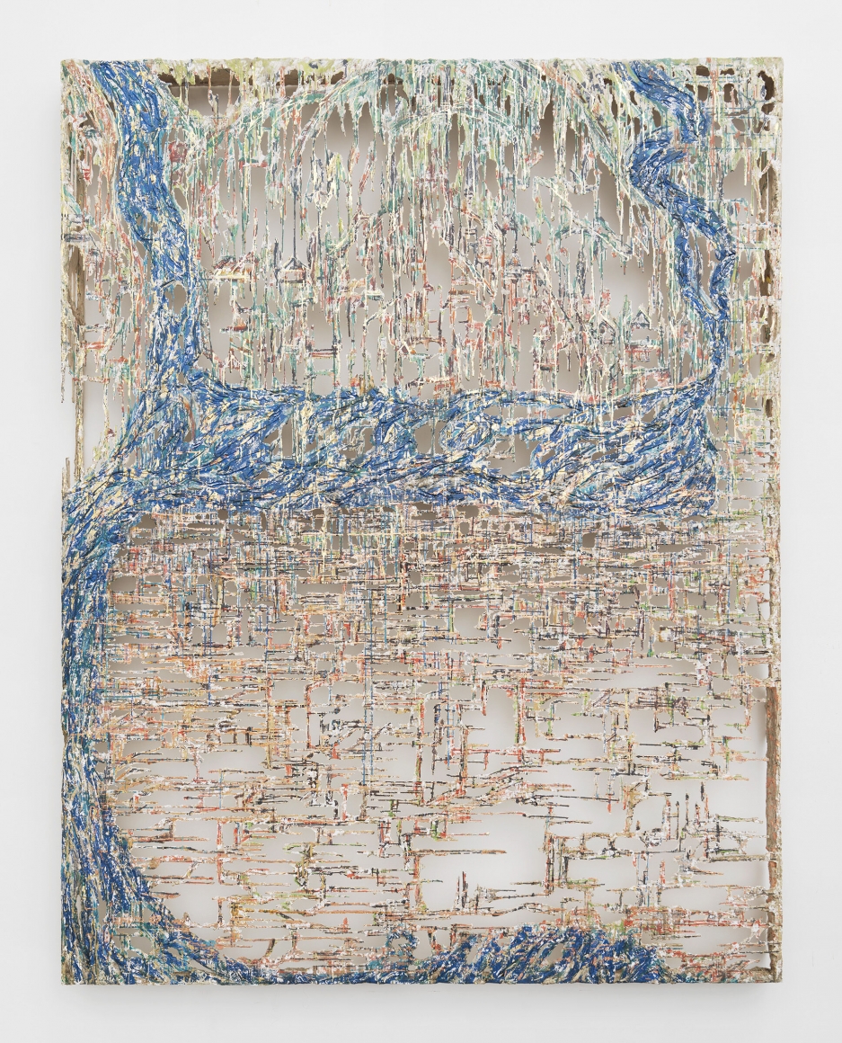 Woven City, 2017, Polymer gypsum, fiberglass, steel, plaster, gold leaf, copper leaf, painter's tape, pigment