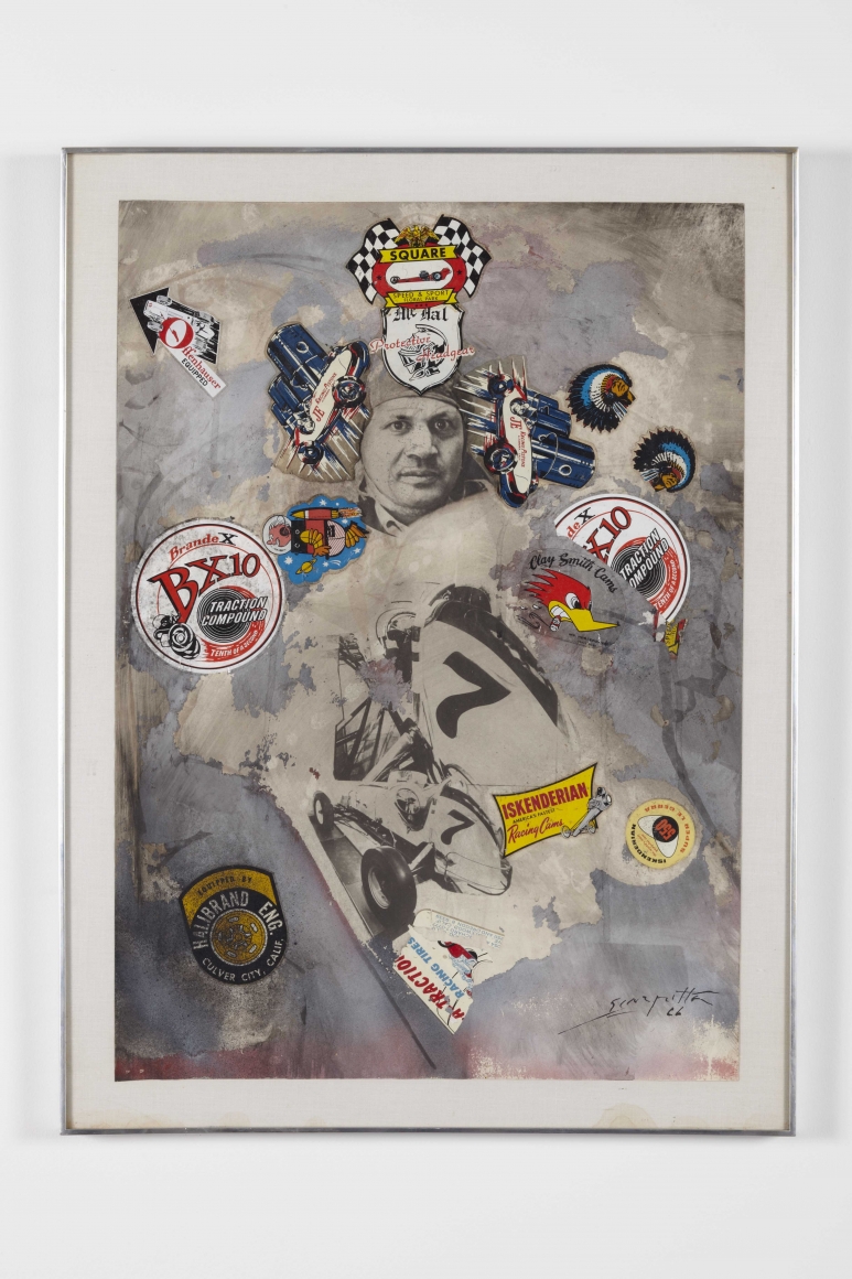 a mixed media contemporary artwork with car racing motifs by salvatore scarpitta