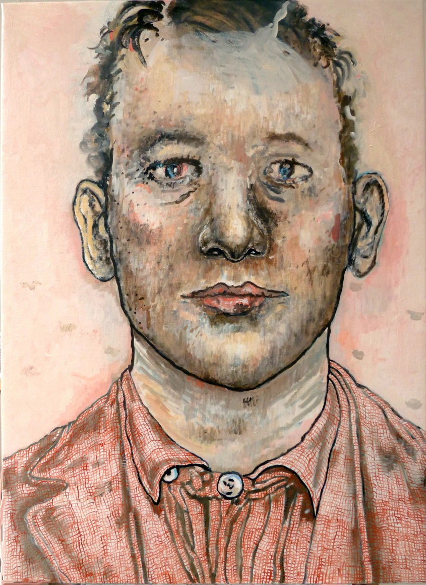 pink portrait of a man by hannah van bart