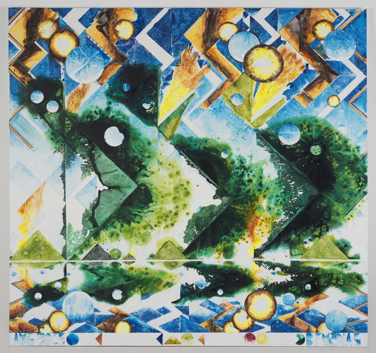 an abstract, colorful painting by barnaby furnas in a contemporary art gallery