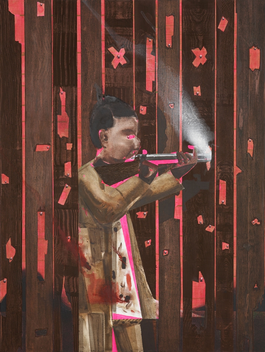 a painting of a person shooting a guy by barnaby furnas in a contemporary art gallery