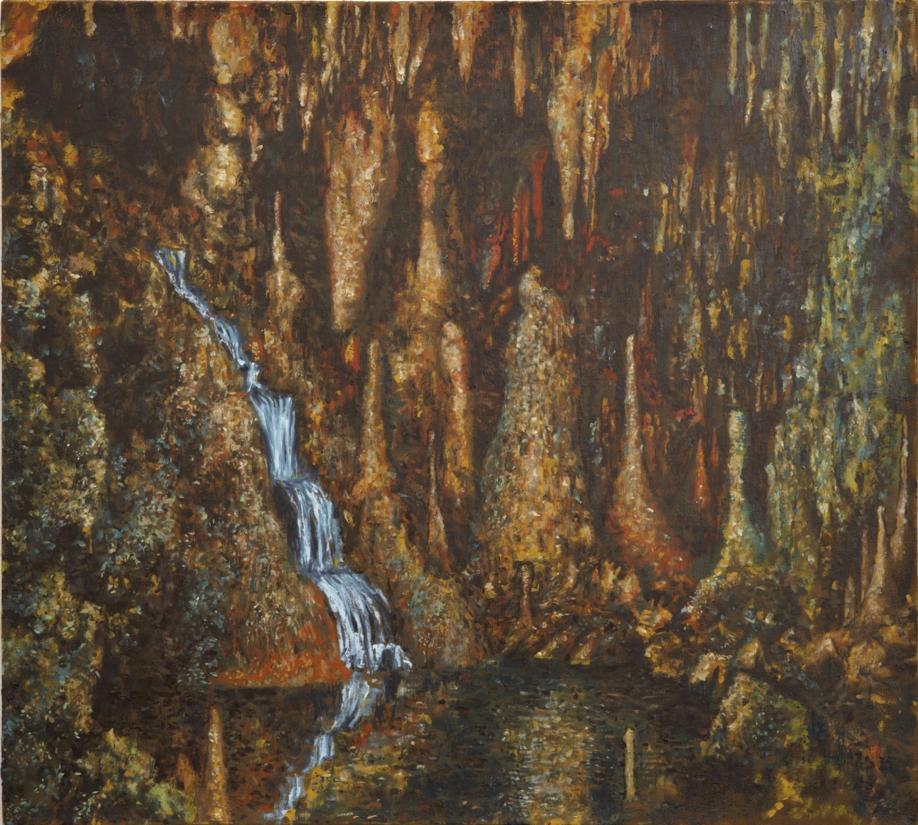 painting of a waterfall in a cave by jp munro