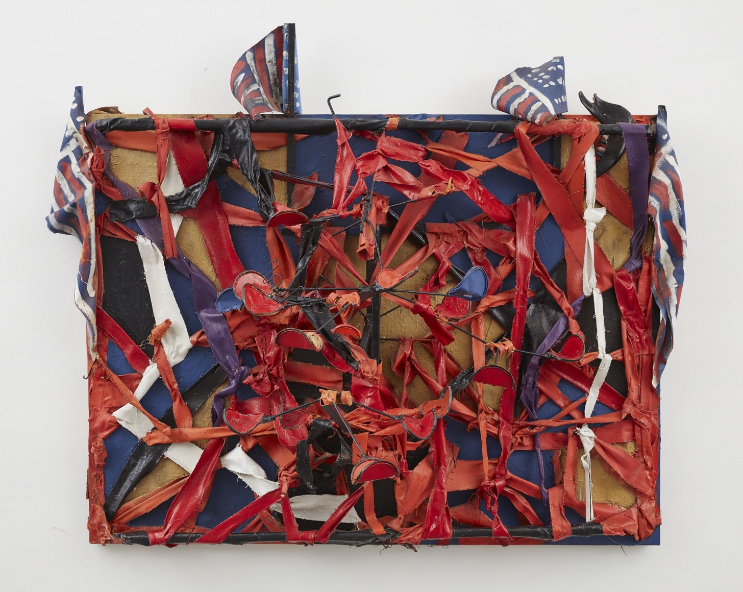 American Orange Show, 2004, Can lids, cloth, wood, steel, cow jawbone, enamel, and Splash Zone compound on canvas on wood