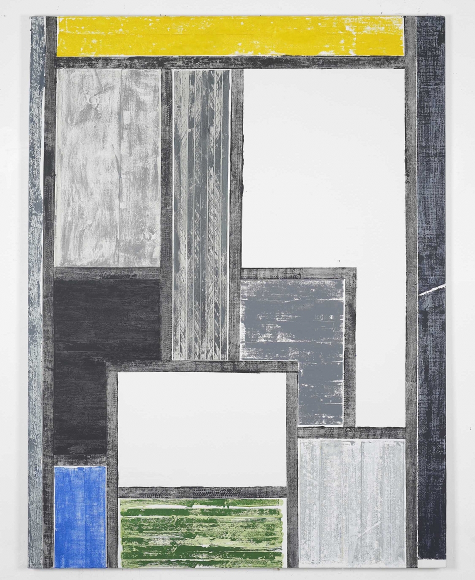 yellow, green, black, and white grid painting by melissa gordon