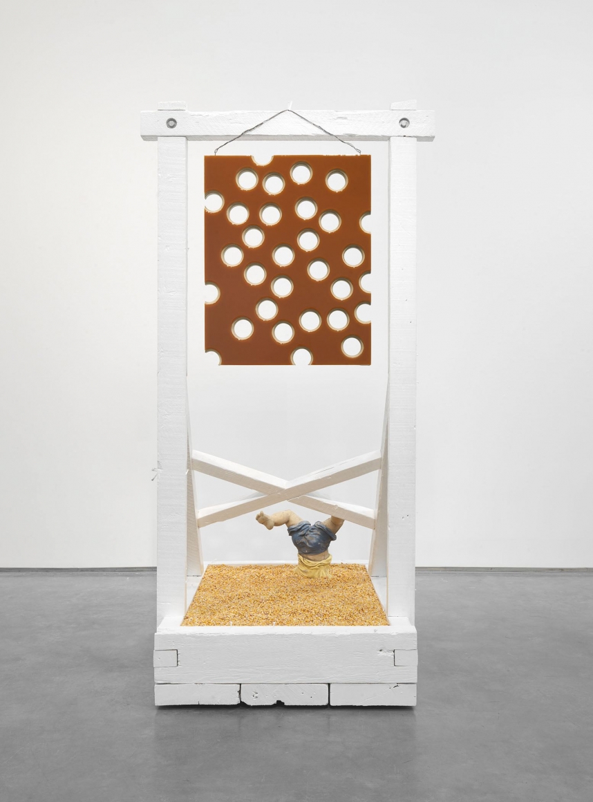 Lot 050816 (honey shot and corn), 2016, Pigmented epoxy resin on linen and wood panel support, acrylic painted wood contraption, with hardware and corn