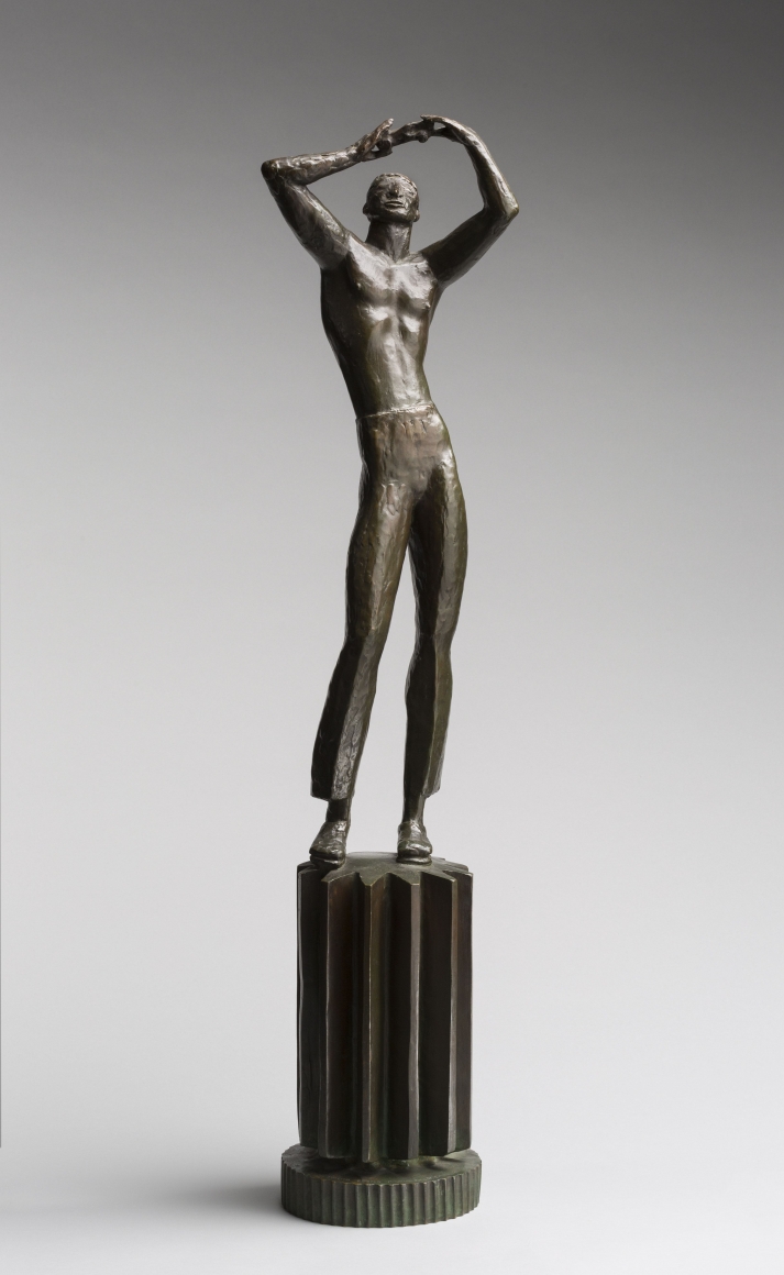 bronze sculpture of a man with arms raised over head by carl milles