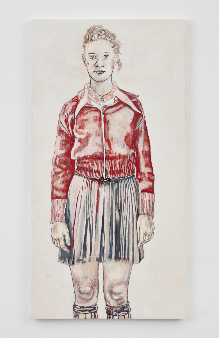 an oil painting of a girl in a skirt and bomber jacket by Hannah van Bart