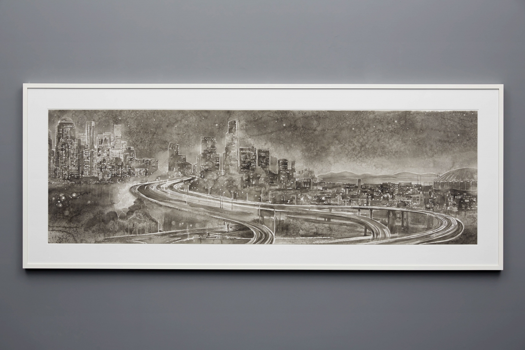 Cityscape (The Road), 2015, Black and white watercolor on Arches paper in wooden frames