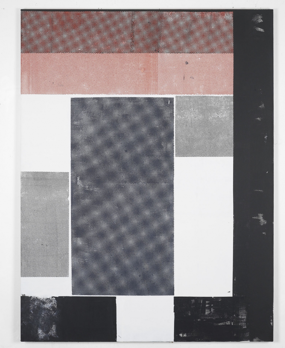 red, black, and white grid painting by melissa gordon