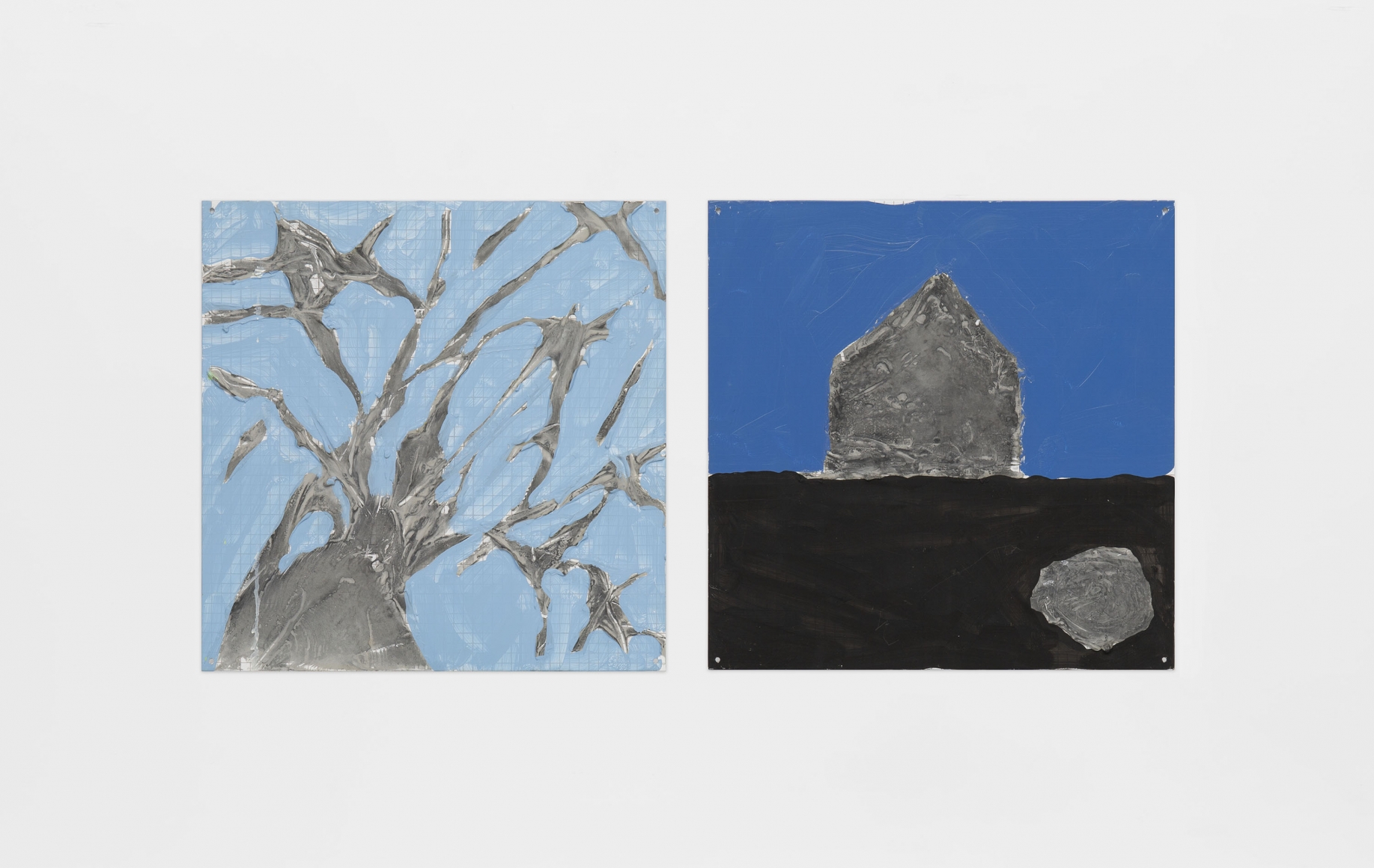 Tree, House, Shrub, 2000, Oil and sculp-metal over silkscreen grid on baked enamel, 2 steel plates