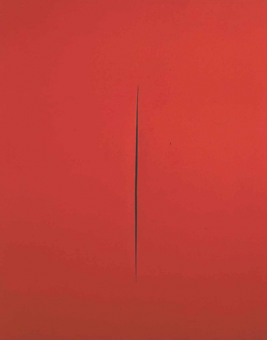 red painting by lucio fontana with slit