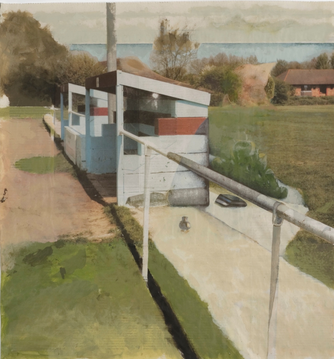 grassy landscape with sheds by tony swain