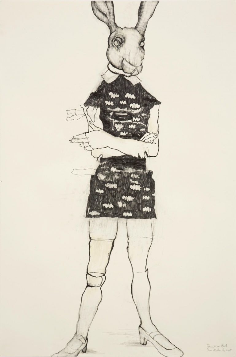 a drawing of a young girl with a rabbit's head by Dutch female artist Hannah van Bart
