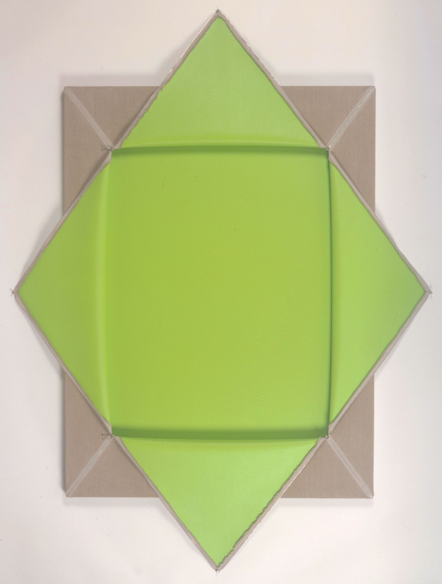 green and beige sculpture by donald moffett