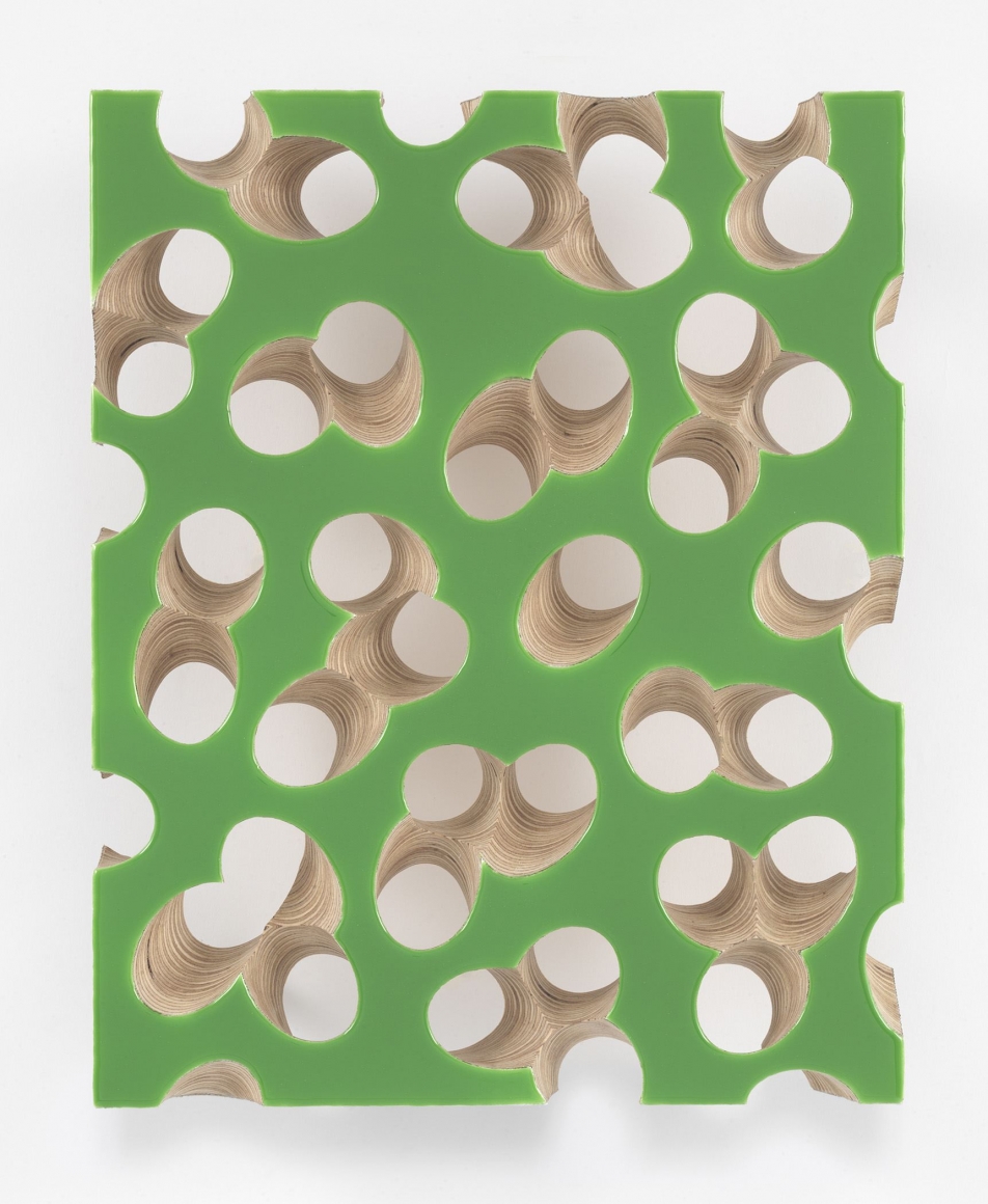 Lot 071716 (moss green), 2016, Pigmented epoxy resin on linen and wood panel support with steel tubing