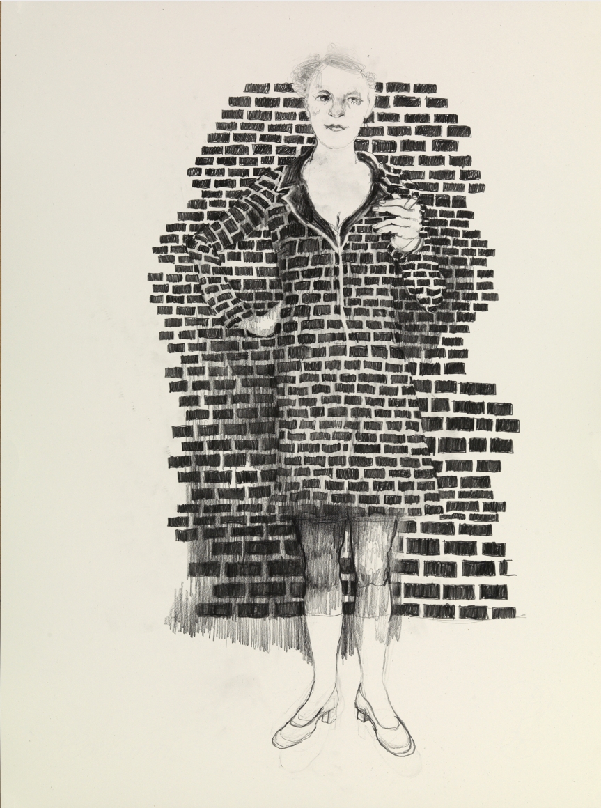 graphite on paper work by Hannah van Bart of a woman against a brick wall