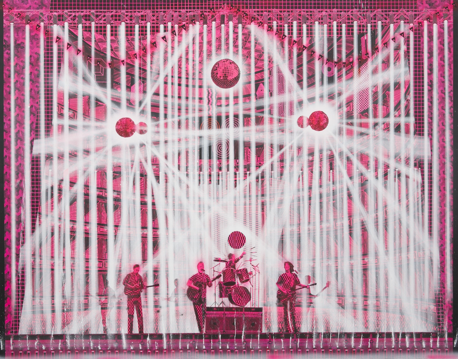 pink and white concert scene with disco balls, drum set, and musicians