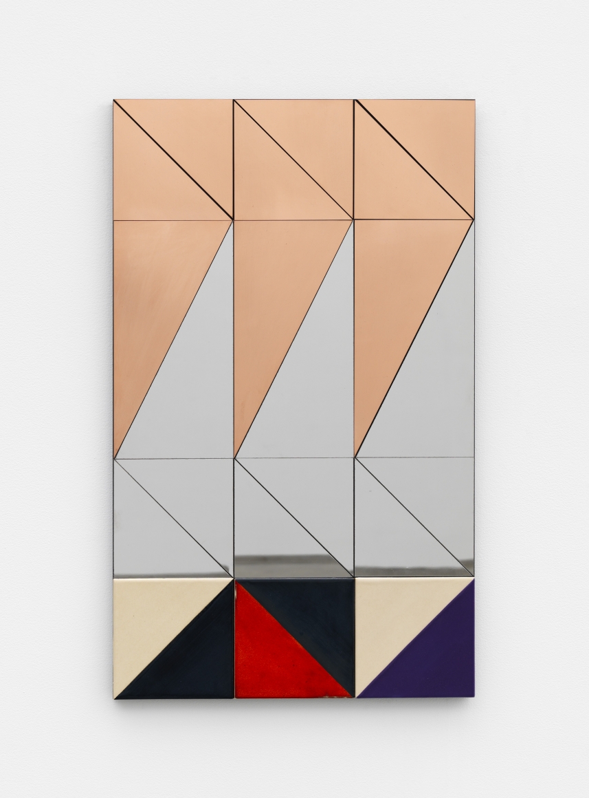 Untitled, 2017 Copper, mirror-polished stainless steel, and ceramic on MDF
