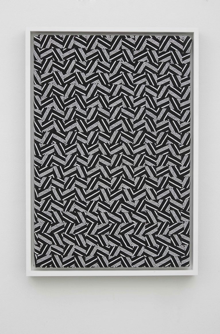 SkyTrax, 2014, Canvas, spandex, acrylic paint on printed cotton, and printed felt in painted wood frame