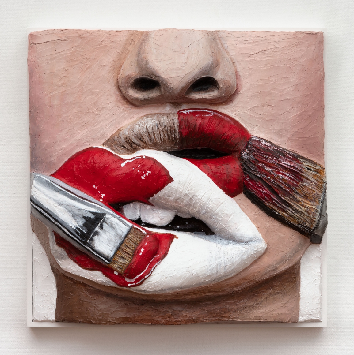 Extruded painting of paint brushes painting on a face with multiple lips by Gina Beavers