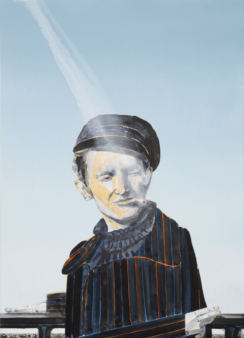 a painting of woodie guthrie by barnaby furnas in a contemporary art gallery for sale