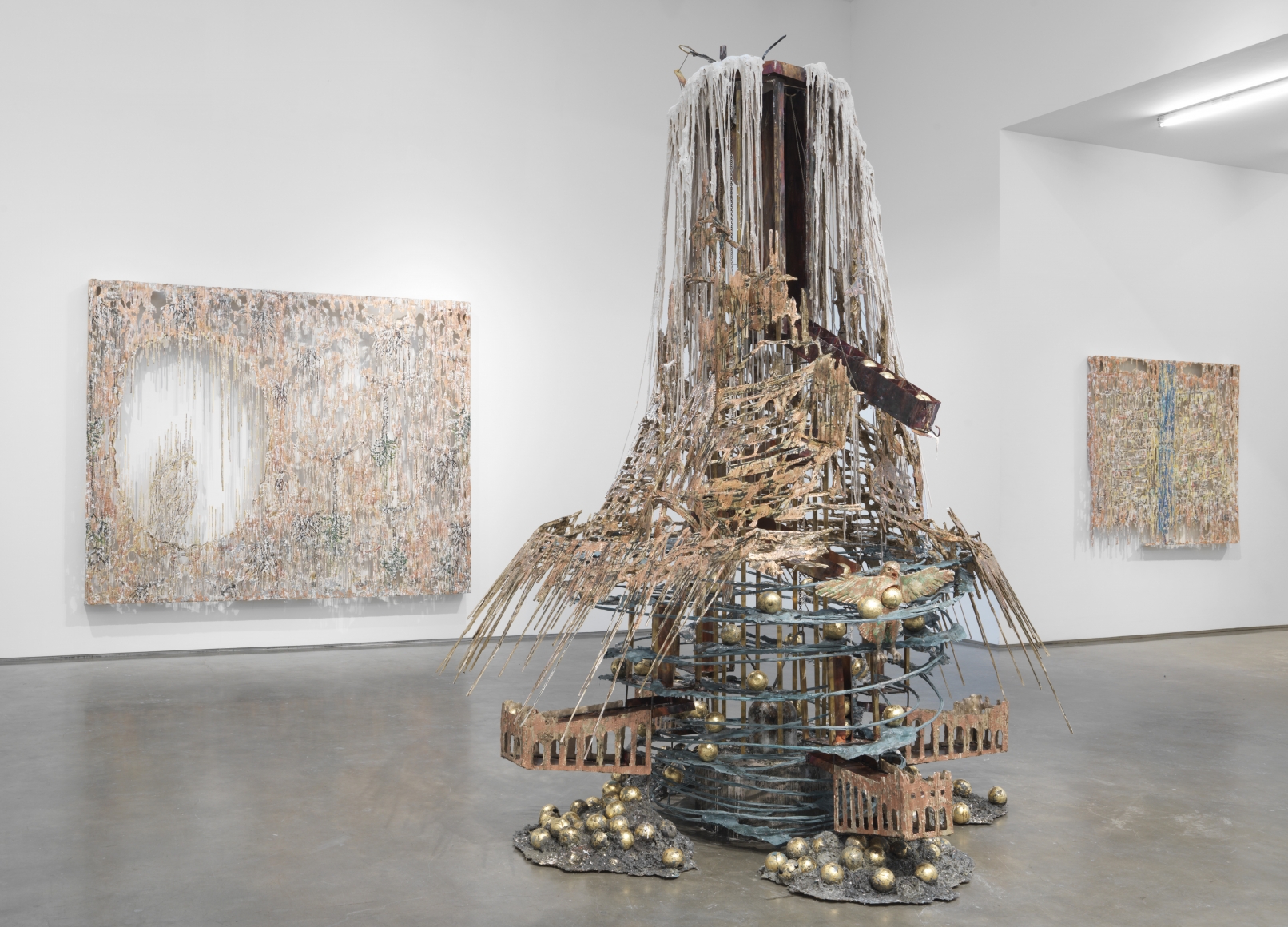 an installation view of an exhibition of the artworks of Diana Al-Hadid