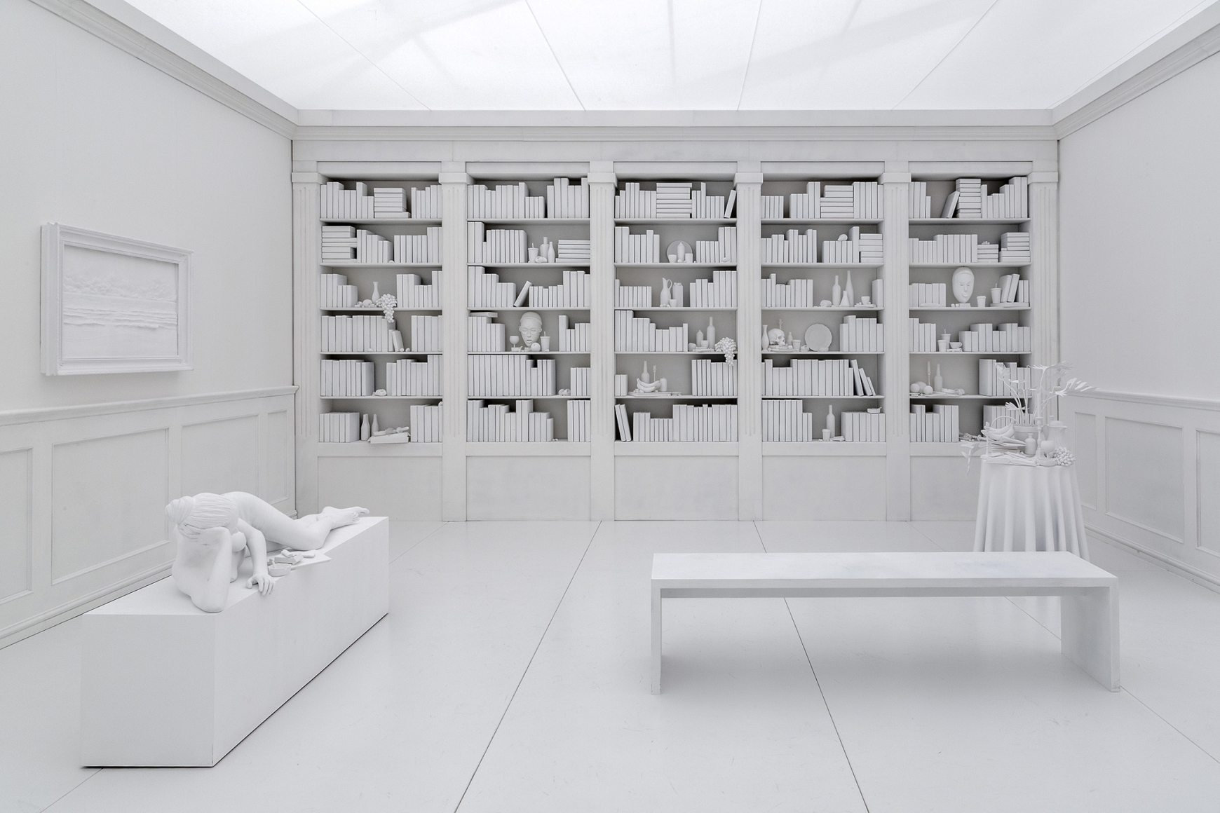 a library diorama by Hans Op de Beeck in an exhibition in an art gallery